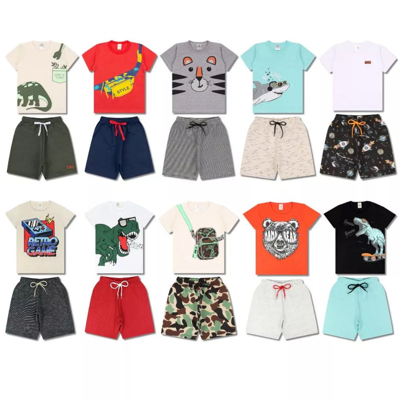 Kit Sortido 10 Peças de Roupas Infantil Menino- 5 Camisetas + 5 Bermudas - Promoção - Kit com 5 Conjuntos de Roupa Infantil Menino Verão Masculino Bebe