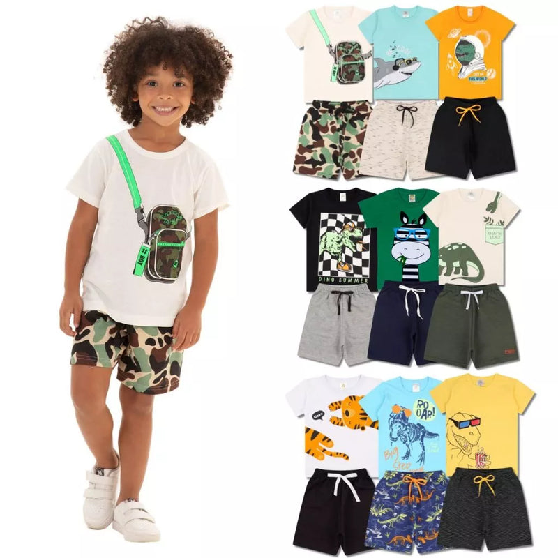 Kit Sortido 10 Peças de Roupas Infantil Menino- 5 Camisetas + 5 Bermudas - Promoção - Kit com 5 Conjuntos de Roupa Infantil Menino Verão Masculino Bebe