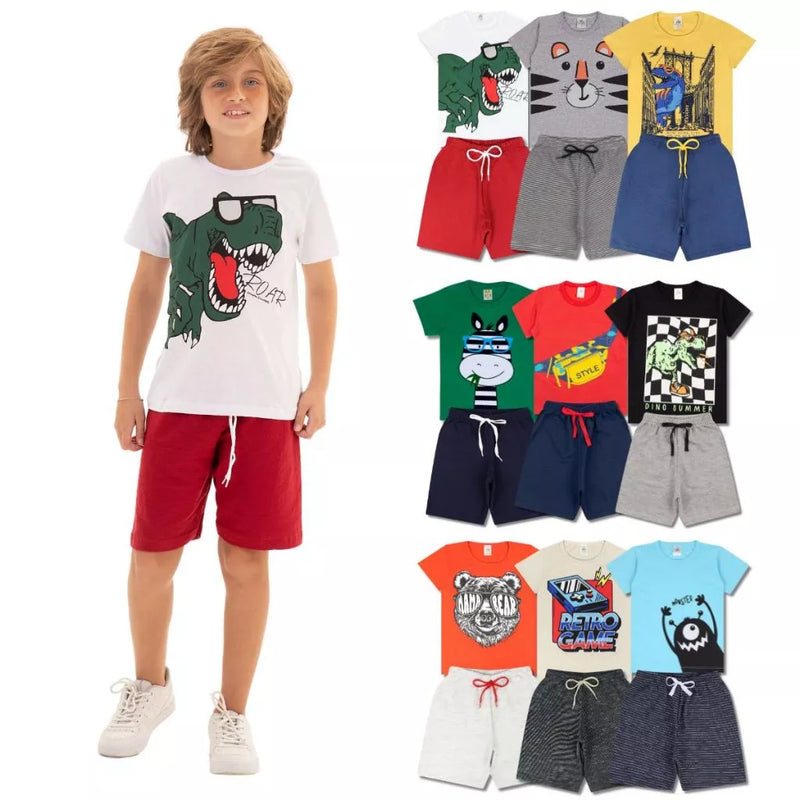 Kit Sortido 10 Peças de Roupas Infantil Menino- 5 Camisetas + 5 Bermudas - Promoção - Kit com 5 Conjuntos de Roupa Infantil Menino Verão Masculino Bebe