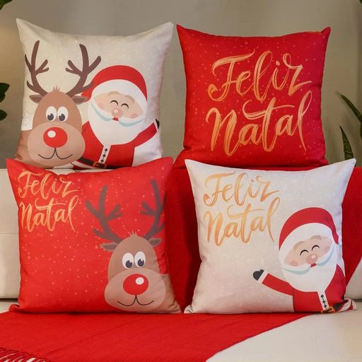 Kit com 4 Capas para Almofadas Decorativas Natal Feliz Natal